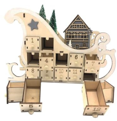 OFFSCH Weihnachtskalender Holz Schlitten mit LED Leuchtbox Holzdekoration Adventskalender für Heim Weihnachtsdeko