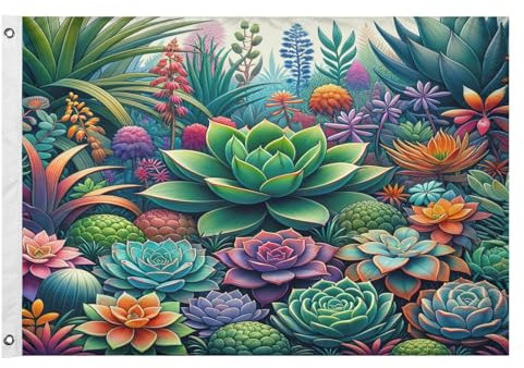 Bunte Sukkulenten-Flaggen für Garten, Haus, 90 x 150 cm, doppelseitig, Dekoration, Polyester, Gartenflagge mit Messingösen für Außenbereich, Balkon, Dach, Garage