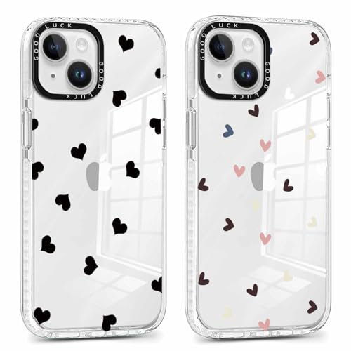 Foonary 2 Stück Transparent Hülle für Apple iPhone 15 6,1, Handyhülle mit Frauen Mädchen Aesthetic Herz Muster Motiv Design Case, Silikon Schutzhülle Cover für iPhone 15, Herz 01