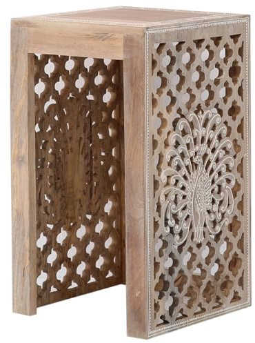 Marrakesch Boho Deko Beistelltisch handgeschnitzt aus Holz Anula 48 cm groß | als Nachttisch für Aesthetic Deko im Schlafzimmer oder Tisch Couchtisch klein für einzigartiges Zimmer Wohnzimmer Deko