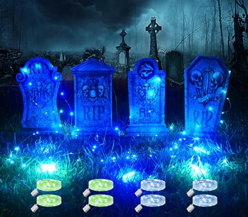 Maxee 4 Stück Halloween Glühendes Grabsteine Deko mit 8 Stück 3 Meter Lichterkette, Wasserdichtes Grabstein Schilde, Außen Dekoration Set für Rasenhof Hinterhof Haunted Friedhof Zombie Grün und Blau