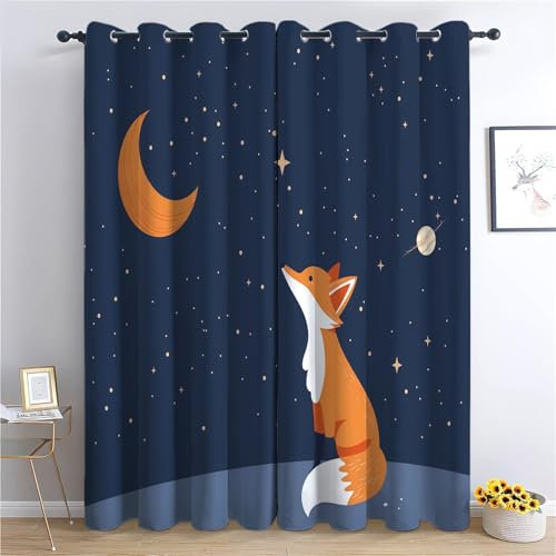 Blackout Vorhänge H166 x B150 cm Verdunkelung Vorhang mit Ösen, Cartoon Tier Fuchs Sterne Vorhang Dunkelblau Weich Polyester Vorhänge für Wohnzimmer Schlafzimmer und Kinderzimmer Dekorieren