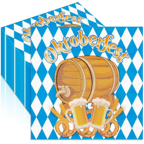 JULMELON Oktoberfest Servietten, 100 Stück, Blau-Weiß, Bayrische Servietten, 33 x 33 cm, Papierz servietten für Oktoberfest Party, Tischdeko