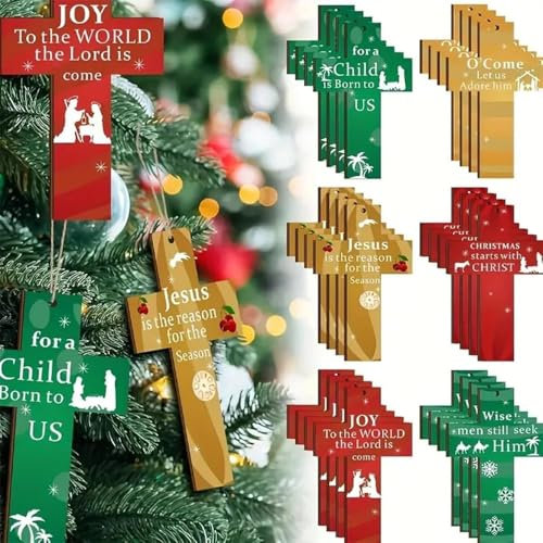 Weihnachtliche Holzkreuz-Dekoration, christliche Krippe, Weihnachtsschmuck, Kreuz, Weihnachtsbaum, Heimdekoration, Kreuzanhänger, christliche Ermutigung, inspirierendes Geschenk (24 Stück)