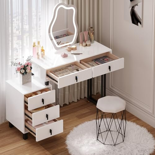 WOLTU Schminktisch mit Beleuchtung, moderner Frisiertisch mit Unregelmäßiger Spiegel 5 Massivholz-Schubladen, Kosmetiktisch mit einstellbaren Helligkeit, Seitenregal Flexible Montage, Weiß Schwarz
