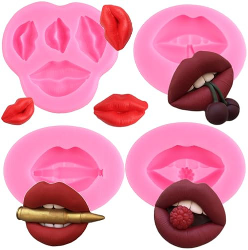 RFGHAC Lips Fondant Moulds Sexy Lips Kiss Collection Candy Silicone Moulds for Valentine's Day Cake Decorating Cupcake Topper Polymer Clay Chocolate Gum Paste Set of 4