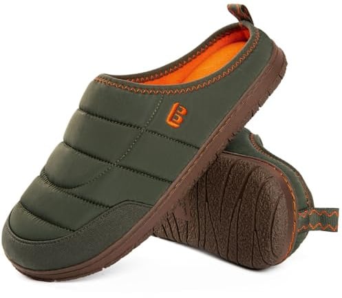 LongBay Men's Camping Slippers Memory Foam Comfy House Shoes Indoor Outdoor | Quilted Nylon Men's Slippers, Water Resistant Outdoor Camping Shoes, Warm Coral Fleece, Memory Foam, Non Slip Sole, Slip On