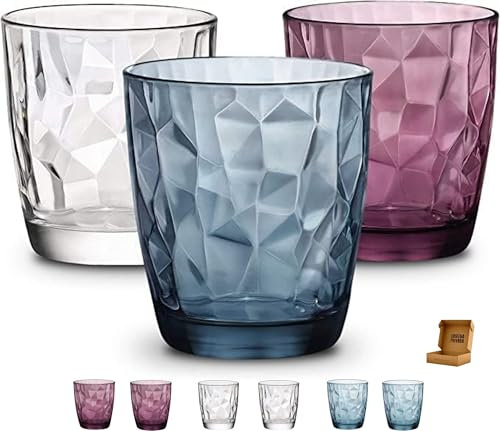 6 Vasos Diamond - Envio 24h - Perfecto para uso en Casa, Restaurante y en Fiesta, Ligeros y Resistentes con acabado de diamantes (Colores Mix, 39 cl)