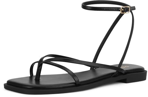 DIFEMA Womens Flats Sandals Square Toe Strappy Ankle Strap Flats, LESLIE-BLACK-8