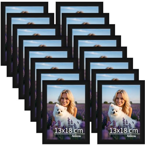Anhow 16er Bilderrahmen 13x18 cm, PVC Fotorahmen Collage Set 5x7 Zoll Horizontal oder Vertikal für Wandbehänge/Tischdekoration - Schwarz