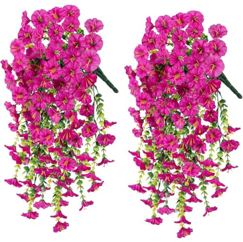 2 Piezas Flores Artificiales, Artificiales Plantas Colgantes,Plantas Hiedra de Plástico Plantas Artificiales Colgantes Petunias Flores De Seda,Resistentes A La Intemperie (Loto Rojo)