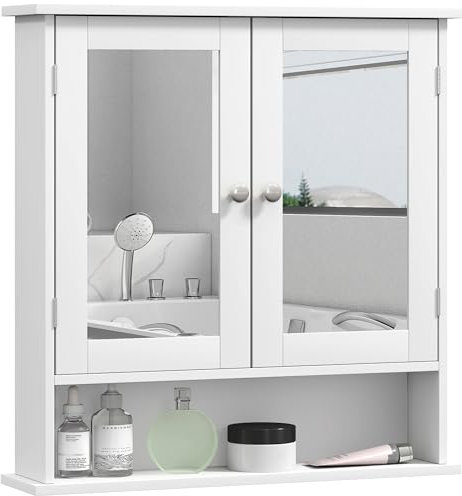kleankin Mirror Cabinet Wall Mounted with Double Mirrored Doors, Hanging Cabinet with Cupboard and Shelf, Bathroom Wall Storage Organiser, White
