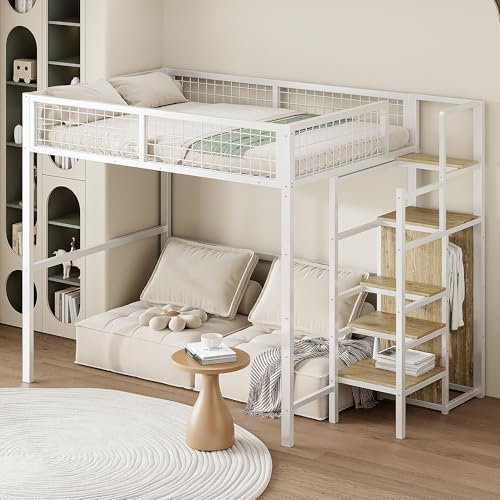 Oxtao Hochbett aus Metall, 140 x 200 cm, mit Kleiderschrank, Multifunktionales Kinderbett für 1 Platz mit Treppe (Weiß)