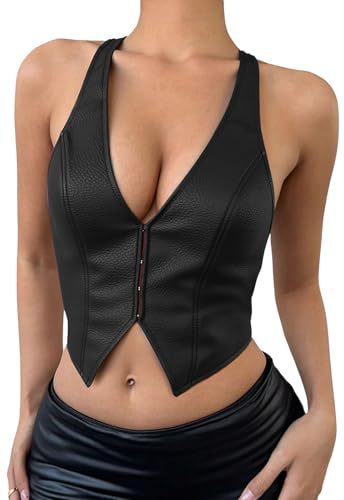 Ausing Damen Top Neckholder Oberteil Leder Festival Rave Träger Tops Sexy Crop Tanktops Metallic Gothic Lack S-L