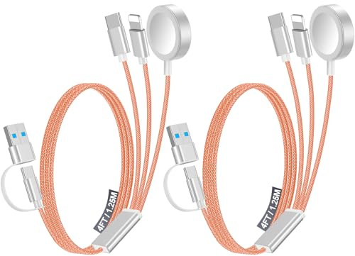 2Pack Multi Fast Charging Cable for Travel Vacation Essentials,Apple Watch Charger,iPhone Charger [3-in-2] USB A/Type C/Lightning Cable for iWatch,iPhone 16-11,Coaxial Cables,Airpods,Camping-Orange
