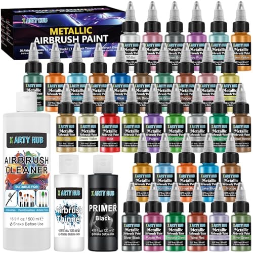 X ARTY HUB Metallic Airbrush Farben Set, sprühfertige Acrylfarbe | 36 Farben inkl. 120 ml schwarzer Grundierung, Verdünner & 500 ml Reiniger, wasserbasiertes Airbrush-Malset