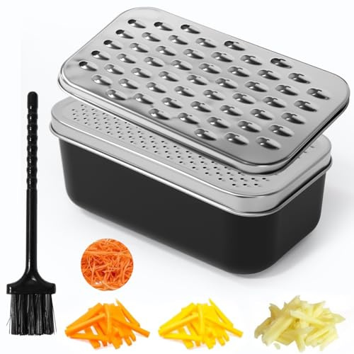 Vunanvu Grattugia in Acciaio Inox con Contenitore Grattugia per Formaggio Professionale con 2 Lame Diverse Grattugie per Verdure Manuale con Coperchio e Spazzola per Zenzero Verdure e Frutta