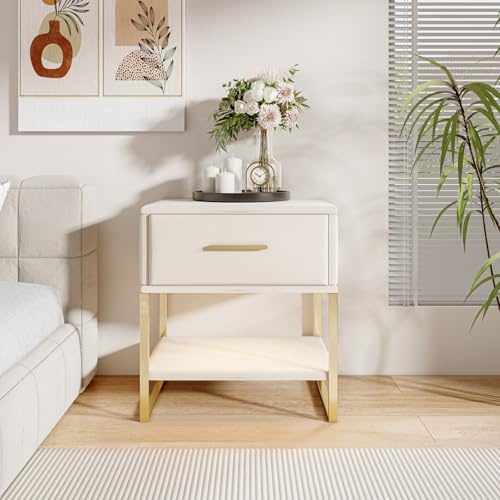 belupai Nachttisch, 2,40 x 31 x 50 cm, Nachttische mit 1 Schublade und LED, kleine Beistelltische mit Füßen und Griffen aus vergoldetem Metall, Aufbewahrungsmöbel für Schlafzimmer, Beige Samt