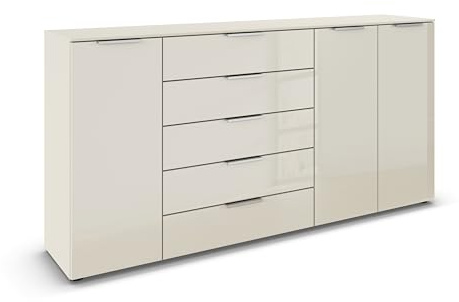 Rauch Möbel Flipp, Kommode, Farbe Glas Beige, Breite 199 cm | Sideboard, 3-türig, 5 Schubladen, Glasfront, Soft-Close-Funktion, für Schlafzimmer, Gästezimmer, Wohnzimmer, Garderobe, Flur