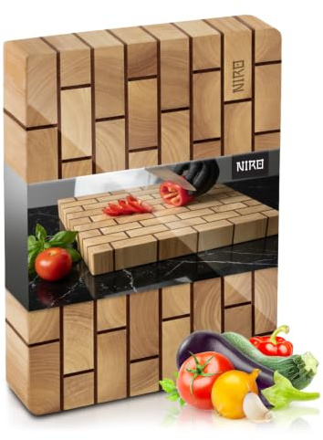 NIRO Tagliere Brickwall 60x40 cm, Professionale XXL, Legno 100% Pará Naturale Rubberwood, SPESSORE 6 CM, Dimensioni 60 x 40 x 6 cm, Atossico, Legno Massello Pregiato, Vassoio da Portata, Design Unico