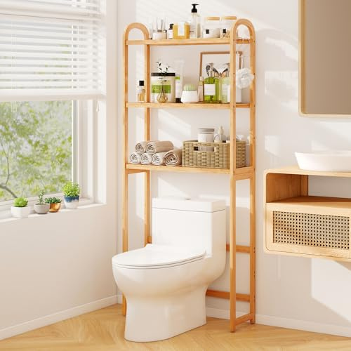 GOPLUS Meuble WC au-Dessus des Toilettes en Bambou, Étagère Toilette à 3 Niveaux avec 3 Crochets et Barres Réglable, Meuble Salle de Bain et Buanderie, 71,5 x 25 x 166 cm (Naturel)
