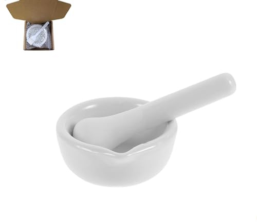 WILL LIKE Juego de mortero y maja, pequeño juego de mortero y maja de porcelana, tazón de cerámica para medicinas, mortero para pesto, apto para el hogar y el laboratorio (100mm)