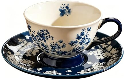 fanquare Rétro Ensembles Tasses et Soucoupes en Porcelaine avec Motif Floral,220ml Bleu marine et blanc Tasse à Thé avec Soucoupe Classiques Cadeau pour Fêtes et Goûter