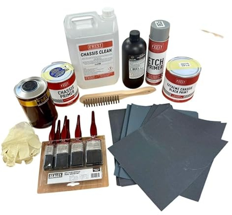 FROST Complete Chassis Rust Treatment & Paint Kit, Rust Converter, Etch Primer, Gloss Black Finish, 5L Cleaner, Brushes, Sandpaper, Wire Brush