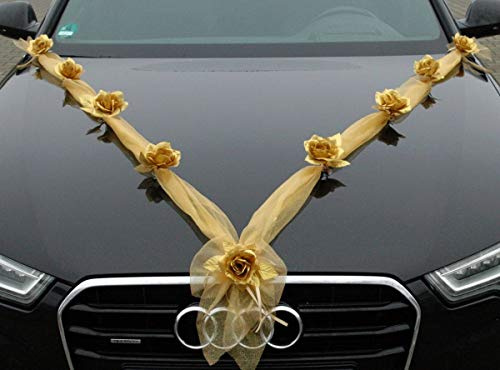 Gold Silber Auto Schmuck Braut Paar Rose Deko Dekoration Autoschmuck Hochzeit Car Auto Wedding Deko Ratan (Organza M Gold)