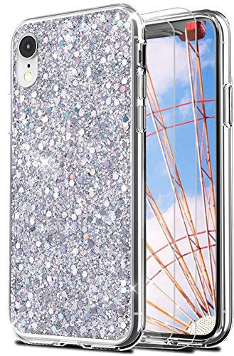 Feyten Cover iPhone XR con Vetro Temperato [2 Pack], Lucciante Brillantini Design TPU Gel Silicone Protettivo Cover Custodia per Apple iPhone XR 6,1 (Argento)