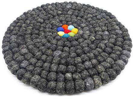 feelz Filzuntersetzer rund 22cm anthrazit mit bunter Mitte Handarbeit Topfuntersetzer bunt Bunte Filzkugel Untersetzer aus Filz