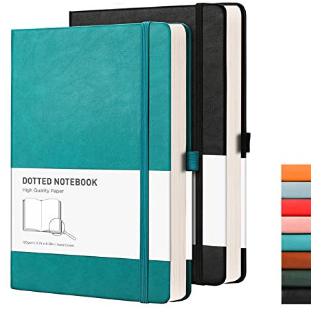RETTACY A5 gepunktetes Notizbuch, 2 Stück, Bullet Dot Grid Journal mit 320 nummerierten Seiten, Hardcover, 120 g/m² dickes Papier, 8 perforierte Blätter, Stifthalter, Innentasche 14,5 x 21 cm, Schwarz