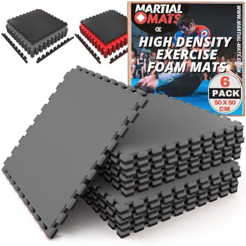 MARTIAL MATS Wendbare Schaumstoff-Bodenmatten, 2 cm, 50 x 50 cm, ineinandergreifende EVA-Bodenbeläge für Fitnessstudio, 6 Fliesen, wasserdichte Matten für Schwimmbad, Whirlpool (grau/schwarz wendbar)