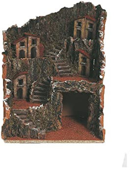Antico Presepe Completo in Sughero Ambientazione Rustica con Casette e casolari, con Grotta Scale Legno Dimensioni 30x30 x h. 36 cm Vuoto Artigianale Verticale Rosso Pompeiano