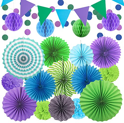 HONMOK 23 Pcs Mermaid Party Decorations Blue Green Purple Hanging Paper Fans Pom Poms Honeycomb Balls Garland Triangle Flags for Girls Women Mermaid Under The Sea Birthday Party Decorations