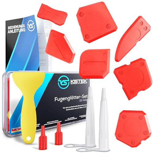 KISTEK® Silikon Fugenglätter Profi Set [12-teilig] - 7 verschiedene Silikon Abzieher zum Glätten von Acryl- & Silikonfugen inkl. Silikonspachtel, Fugenabzieher, Ersatztüllen mit Verschlussklappen