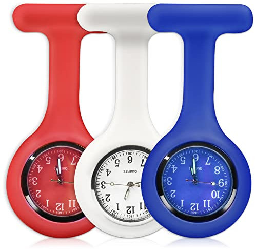 SibyTech Schwesternuhr Ansteckuhr Fob Uhr,Silikon Pin/Clip,Glow Pointer Dunkeln,Infektionskontrolle Design,Analog-digital,Quarzwerk,Arzt Sanitäter medizinische Brosche Rot Weiß und Blau