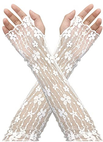 Floral Ladies Lace Fingerless Gloves - Summer UV Protection Driving & Bridal Opera Gloves for Halloween Parties & Weddings