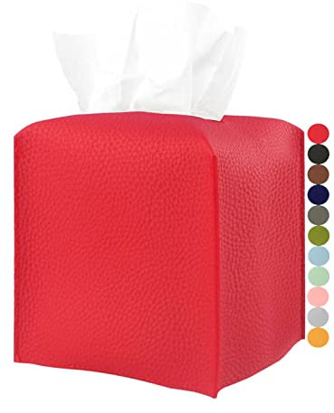 JESMINI Housse de boîte à mouchoirs carrée Rouge avec Ceinture inférieure [JESMINI, Rouge] Support de boîte à mouchoirs Moderne en Cuir synthétique décoratif pour Salle de Bain, Meuble-lavabo