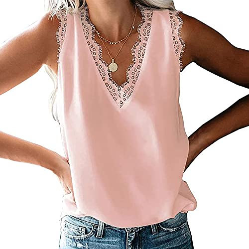Coloody Femme Debardeur Gilets col V Débardeurs Chemises Tuniques Été Tops et Chemisiers sans Manches en Dentelle Débardeur(Rose) S