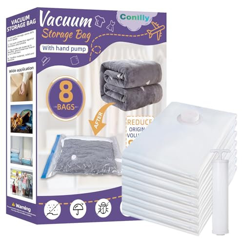 Lot De 8 Sacs De Rangement Sous Vide (Moyens, 70x 50cm), Sacs De Rangement Sous Vide à 80%, Sacs De Rangement ScelléS Sous Vide pour VêTements, Oreillers, Couettes, Couvertures, Pompe à Main Incluse
