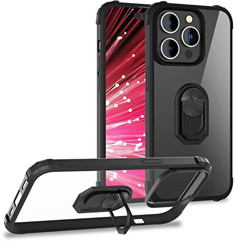 NALIA Klare Ringhülle kompatibel mit iPhone 14 Pro Hülle, Transparent Kratzfest Anti-Gelb Fallschutz Case, 360° Ring für Standfunktion & KFZ-Halterung, Harte Rückseite & Silikon-Rahmen, Farbe:Schwarz