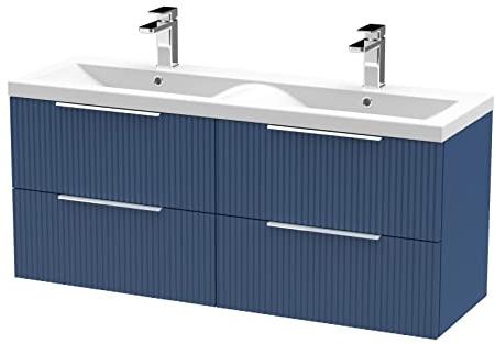 Hudson Reed DFF393F Fluted Modern Bathroom Wall Hung 4 Drawer Double Vanity Basin Unit with Twin Ceramic Basin, 1200mm, Satin Blue
