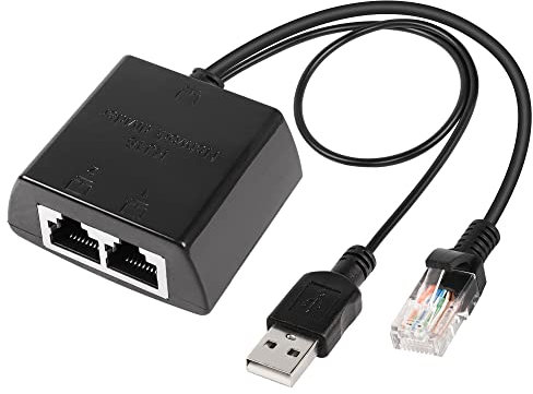 GELRHONR Ethernet Splitter 1 auf 2,RJ45 Netzwerk Splitter Adapter (2 Geräte gleichzeitig vernetzen) mit USB Stromkabel,1Stecker auf 2 Buchsen RJ45 Extender Konverter Kompatibel mit Cat5, Cat5e