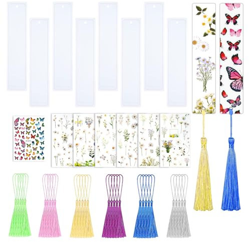 Juego De 41 Moldes Resina Epoxi Para Marcapáginas, Molde Resina Epoxi Para Marcapáginas, Molde Epoxi Con 30 Borlas De Colores y Mariposas Florales Adhesivas Para Vertido Epoxi