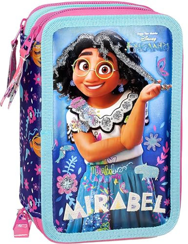 Clondo Astuccio 3 Scomparti per Encanto Fan – 44 Pezzi, Forbici, Pastelli, Pennarelli, 3 Zip, Bambina – Scuola e Regalo – Gadget Ufficiale – Mirabel