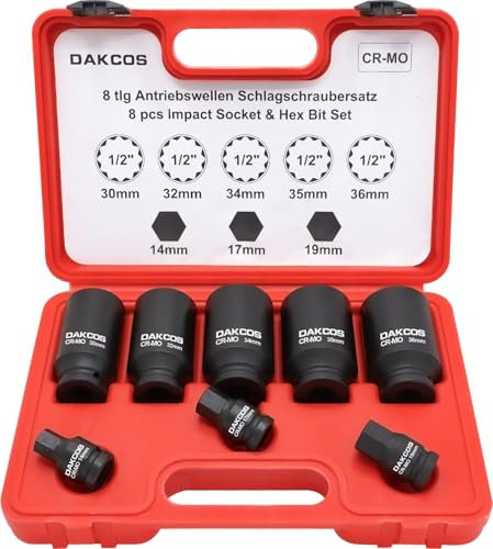 DAKCOS 1/2 Impact Socket Set 30-32-34-35-36 mm; Impact Hex Bit Socket Set 1/2'' Drive 14mm-17mm-19mm