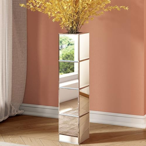 blingworld Blumen-Spiegelvase Bodenvase für Dekoration, Kristall-Silberglas, modern, hoch, groß, quadratisch, verspiegelt, eleganter Tafelaufsatz für Veranstaltung, Heimdekoration, 15 cm Bx71 cm H.