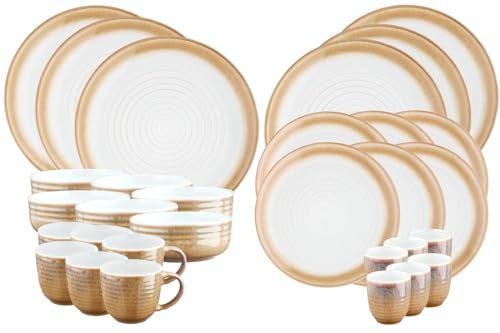 Björn, Cosmos, Set 30 Pièces, 6 Personnes, Grès Réactif, 6 Assiettes Plates, 6 Assiettes à Dessert, 6 Bols Petit-déjeuner, Tasses à Café, Mugs, Beige et Blanc nacré, Micro-ondes, Lave-vaisselle