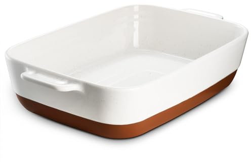 DOWAN Cacerola de cerámica para horno, sartén de lasaña de 9 x 13 pulgadas, plato grande para hornear con asas, 4.3 cuartos de galón, sartén duradera y apta para horno, para asar y hornear, blanco